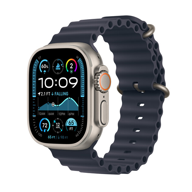 Sie sehen das Produktbild 01 von Apple Watch Ultra 2 GPS + Cellular, Titan natur, 49mm mit Ocean-Armband, blau> Apple Watch Ultra 2 GPS + Cellular, Titan natur, 49mm mit Ocean-Armband, blau>